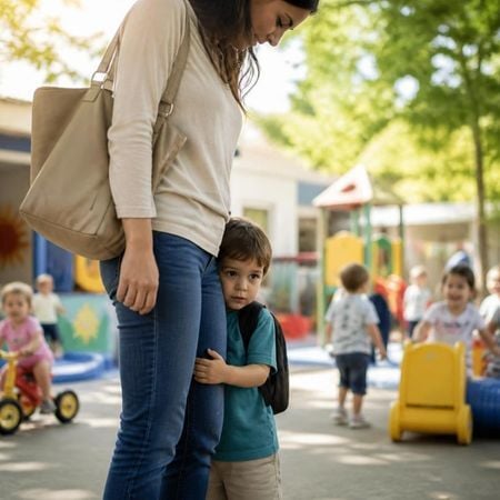 child holding on to a mom's legs at preschool dropoff 