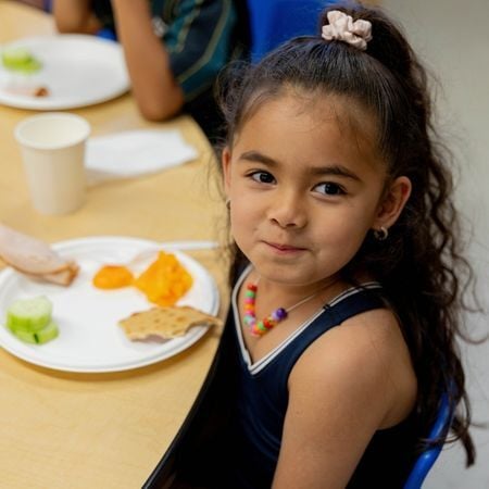a preschool-age girl is sitting at a table with a plate with turkey, cucumbers, and a piece of bread in front of her