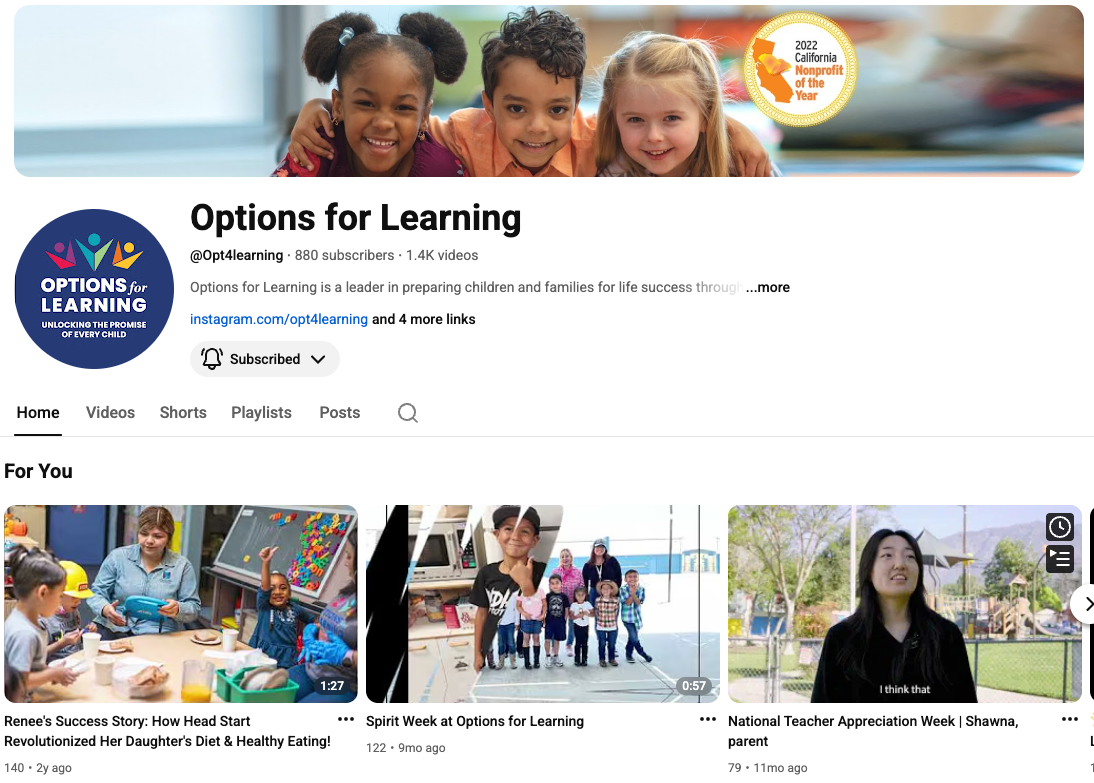 Screenshot of Options for Learnings YouTube page