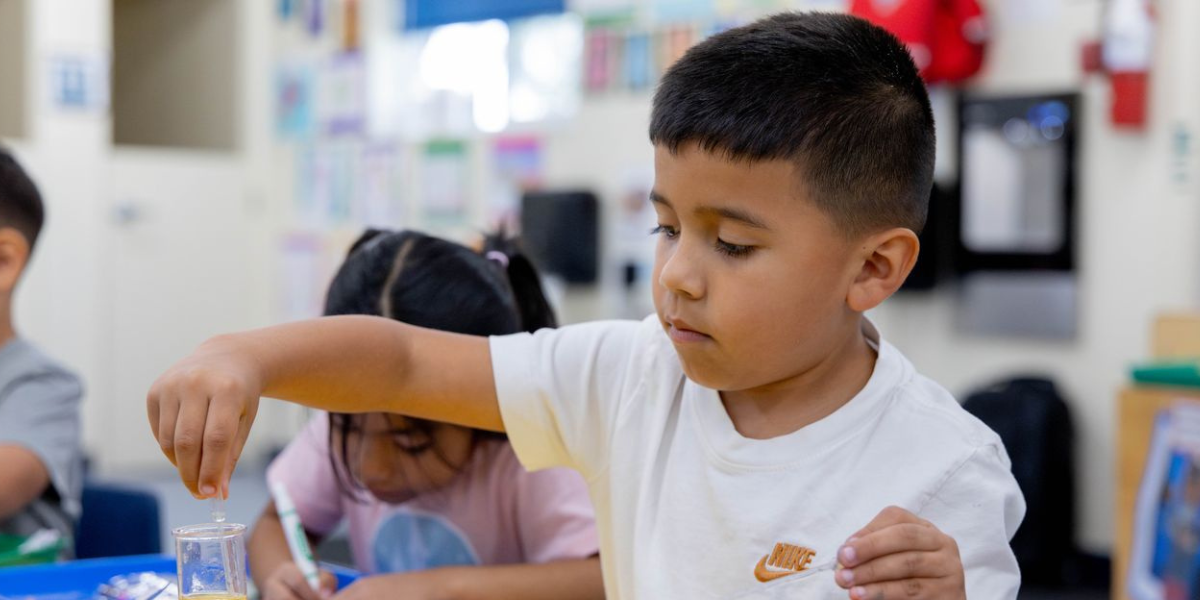Boy using a small clear container during a classroom science activity.